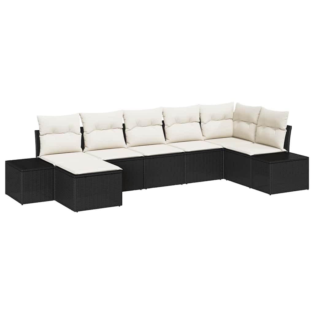Havesofa Sæt med pude med opbevaring 7 pcs Sort polyrattan