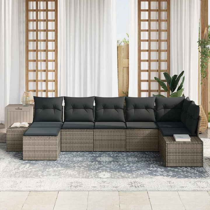 Havesofa Sæt med pude med opbevaring 7 pcs Grå Poly rattan