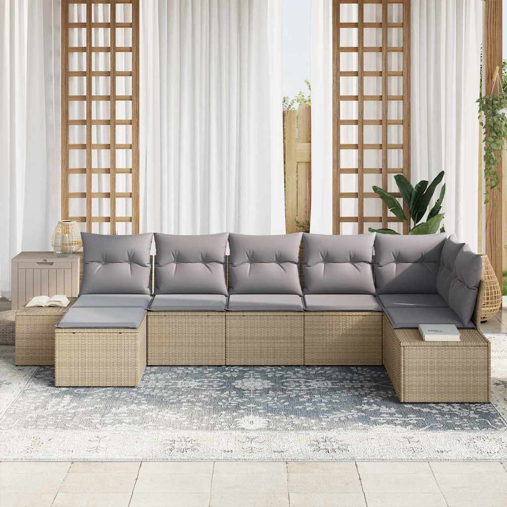 Havesofa Sæt med pude med opbevaring 7 pcs Beige polyrattan