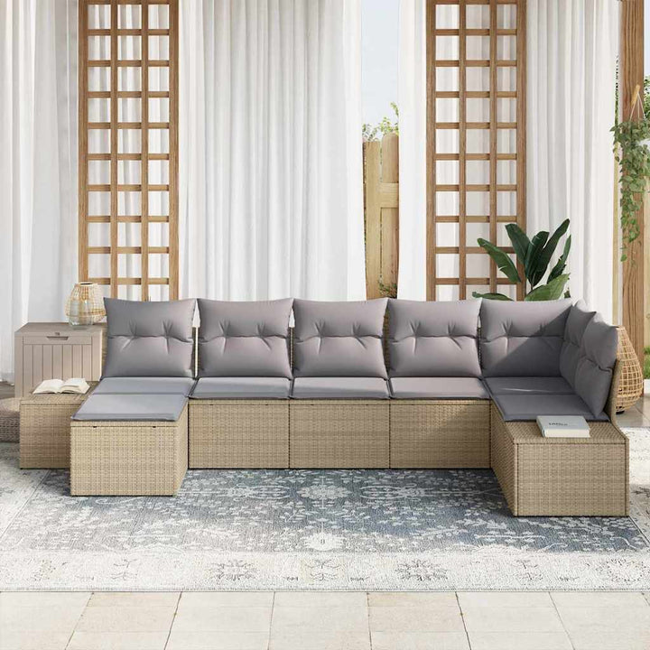 Havesofa Sæt med pude med opbevaring 7 pcs Beige polyrattan