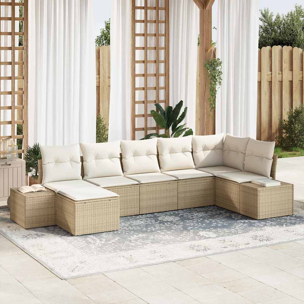 Havesofa Sæt med pude med opbevaring 7 pcs Beige polyrattan