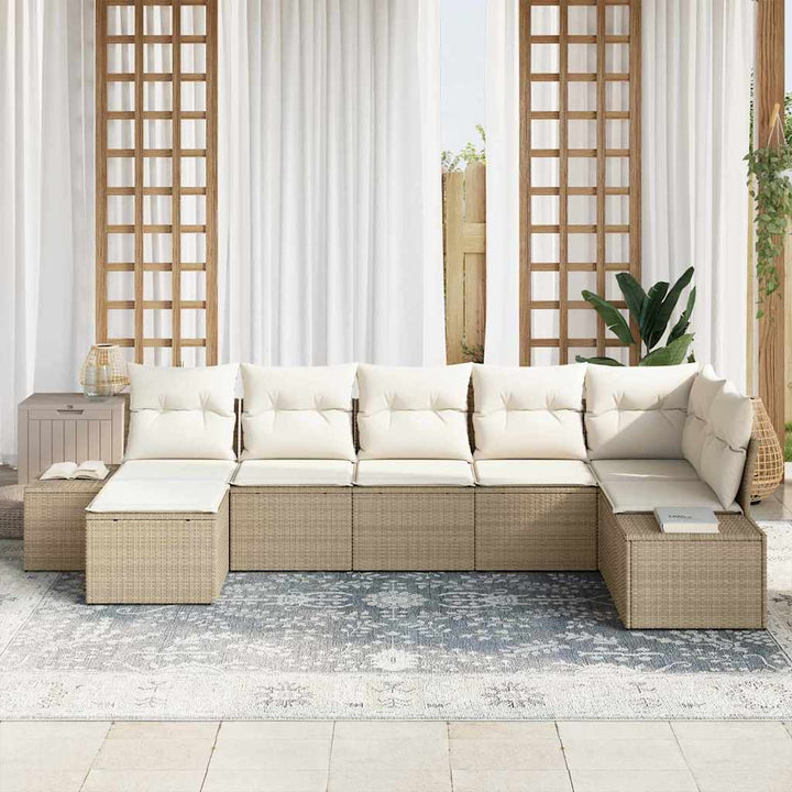 Havesofa Sæt med pude med opbevaring 7 pcs Beige polyrattan