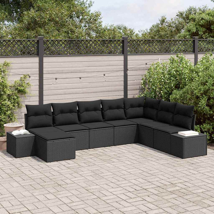 Havesofa Sæt med pude med opbevaring 8 pcs Sort polyrattan