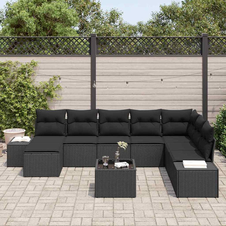 Havesofa Sæt med pude med opbevaring 8 pcs Sort polyrattan