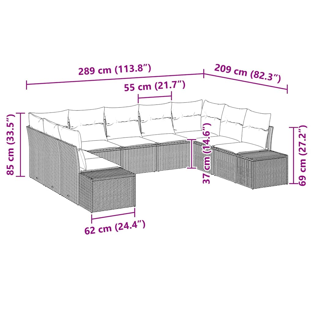 Havesofa Sæt med pude 9 pcs Grå Polyrattan