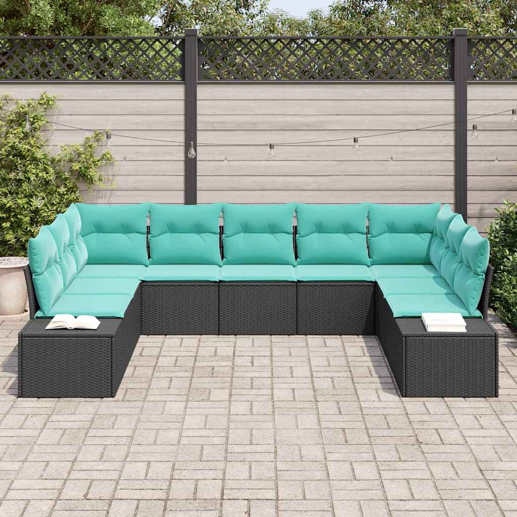 Havesofa Sæt 9 stk. 8-Antal sæder Sort og turkis Polyrattan