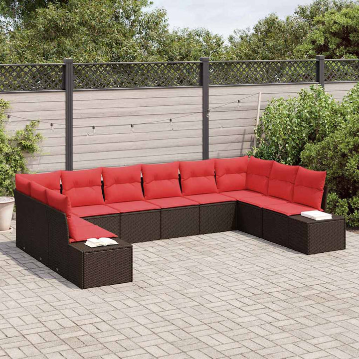 Havesofa Sæt 10 stk. 9-Antal sæder Brun og Rød Polyrattan