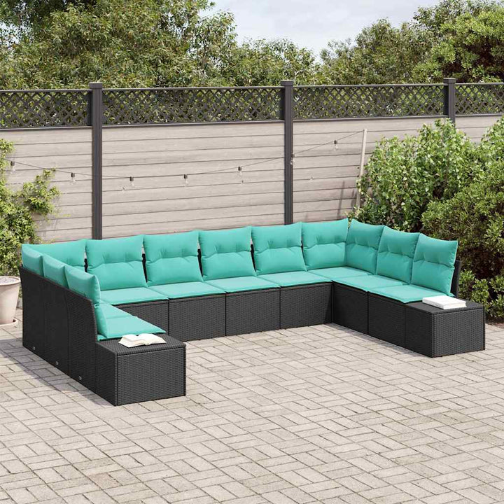 Havesofa Sæt 10 stk. 9-Antal sæder Sort og turkis Polyrattan