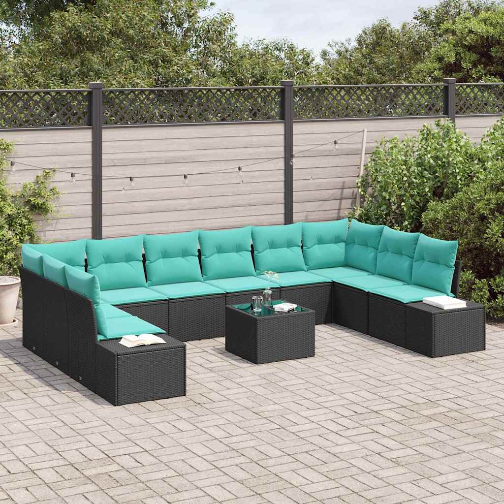 Havesofa Sæt 10 stk. 9-Antal sæder Sort og turkis Polyrattan