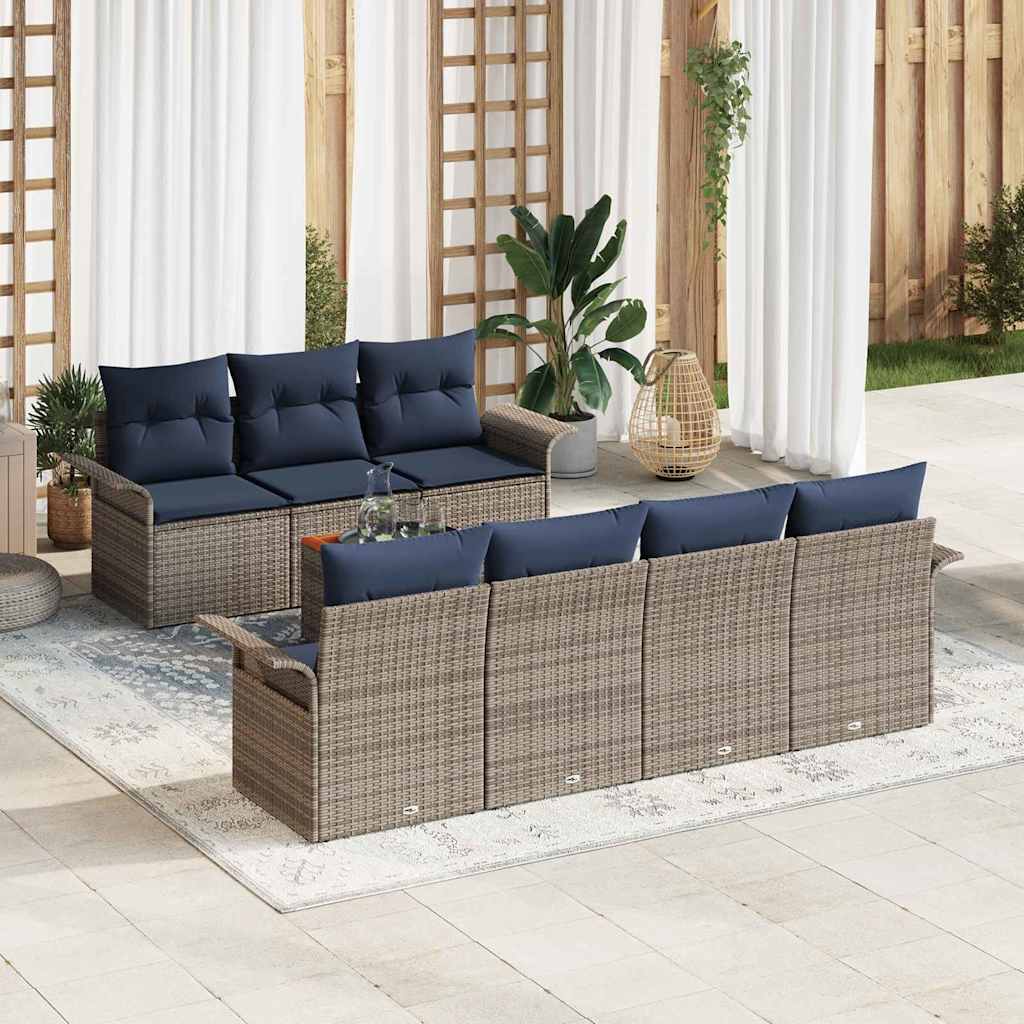 Havesofa Sæt med opbevaring 8 pcs Grå og Marineblå polyrattan