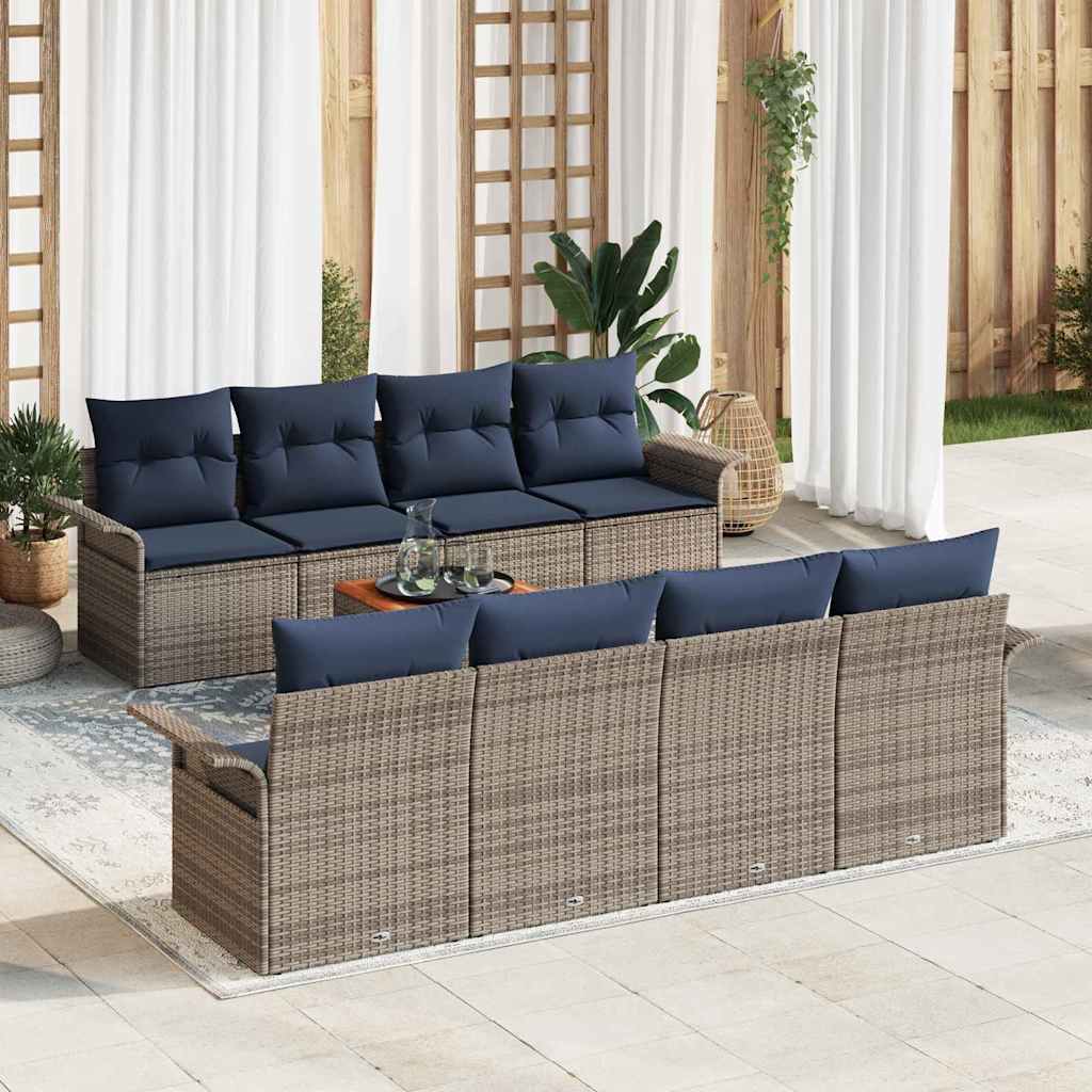 Havesofa Sæt med opbevaring 9 pcs Grå og Marineblå polyrattan