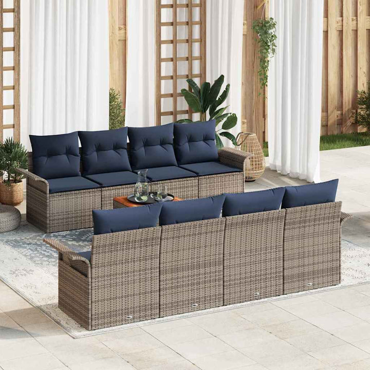 Havesofa Sæt med opbevaring 9 pcs Grå og Marineblå polyrattan