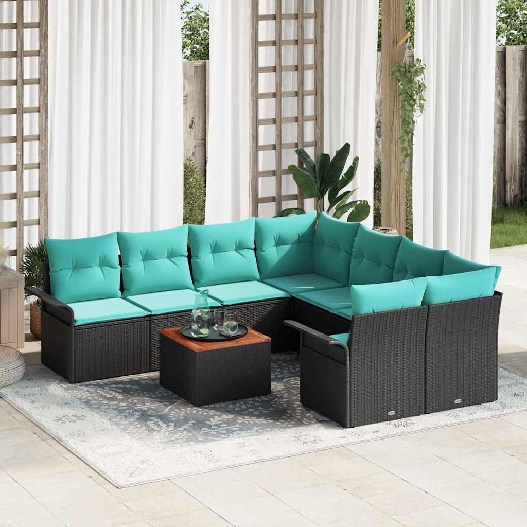 Havesofa Sæt med opbevaring 9 pcs Sort og turkis polyrattan