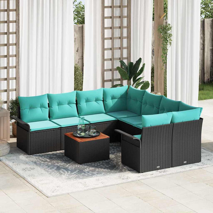 Havesofa Sæt med opbevaring 9 pcs Sort og turkis polyrattan