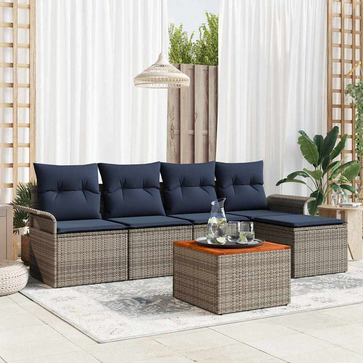 Havesofa Sæt med opbevaring 6 pcs Grå og Marineblå polyrattan