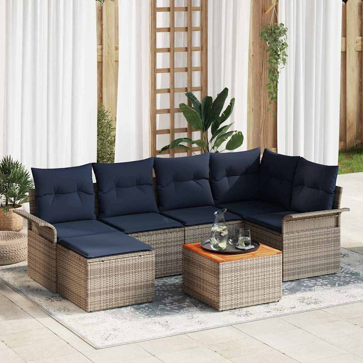Havesofa Sæt med opbevaring 7 pcs Grå og Marineblå polyrattan