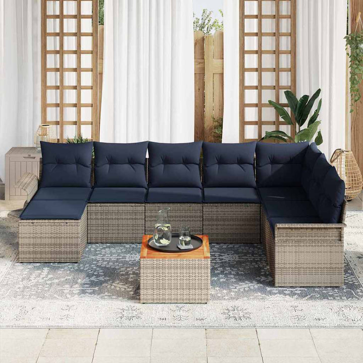 Havesofa Sæt med opbevaring 9 pcs Grå og Marineblå polyrattan