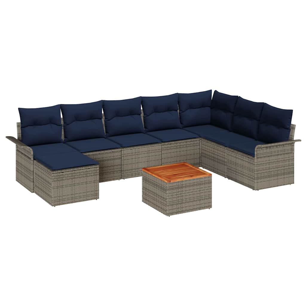 Havesofa Sæt med opbevaring 9 pcs Grå og Marineblå polyrattan