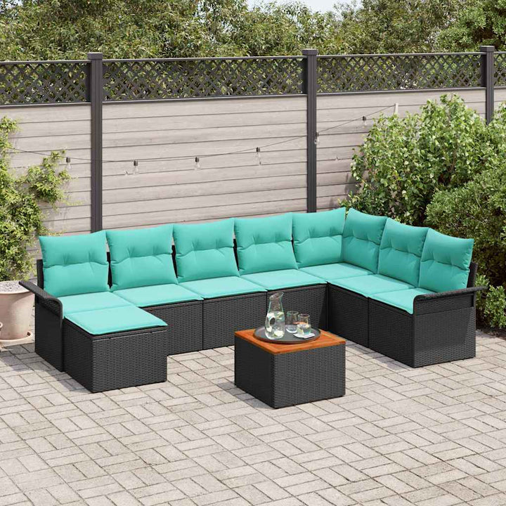 Havesofa Sæt med opbevaring 9 pcs Sort og turkis polyrattan