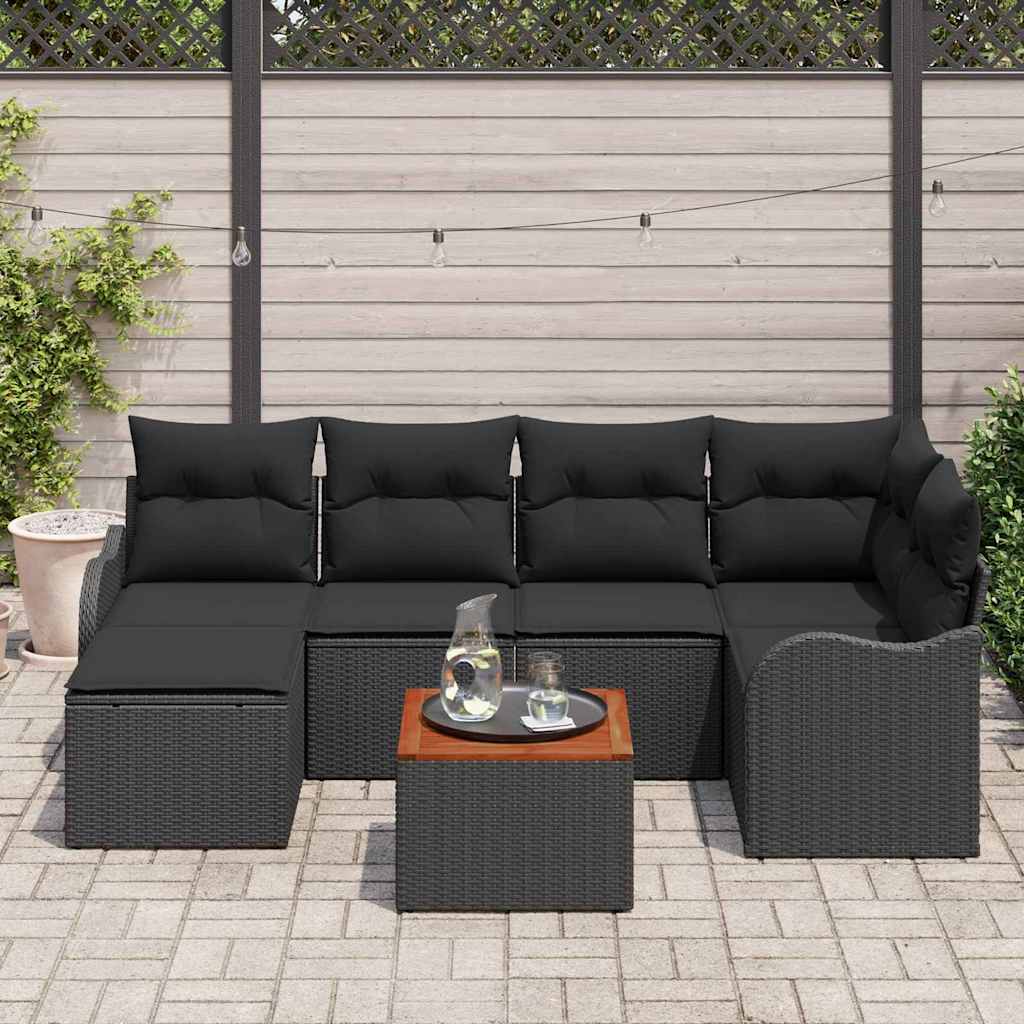 Havesofa Sæt med opbevaring 7 pcs Sort polyrattan
