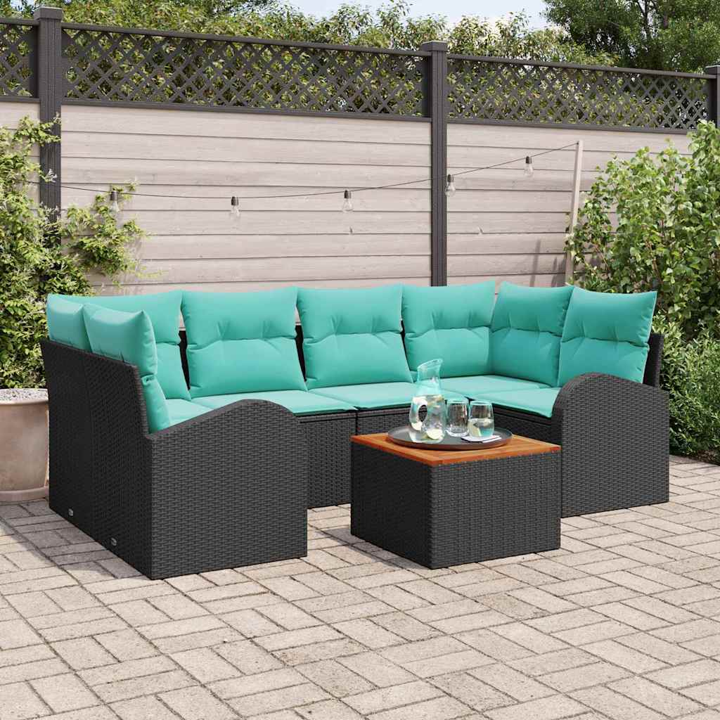 Havesofa Sæt med opbevaring 7 pcs Sort og turkis polyrattan