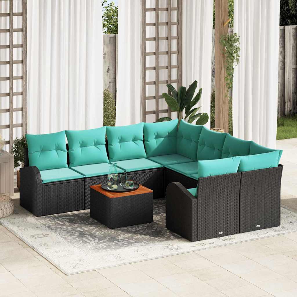 Havesofa Sæt med opbevaring 9 pcs Sort og turkis polyrattan