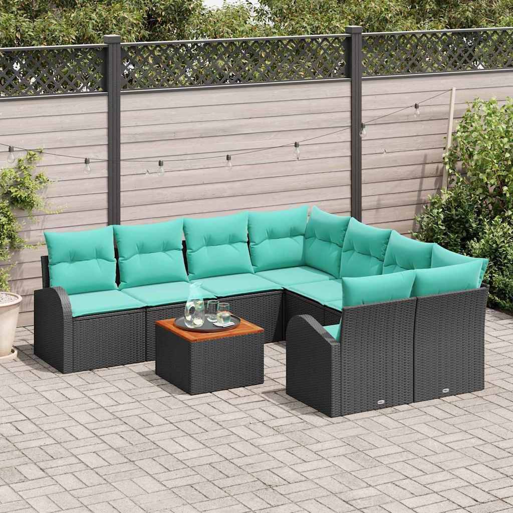 Havesofa Sæt med opbevaring 9 pcs Sort og turkis polyrattan