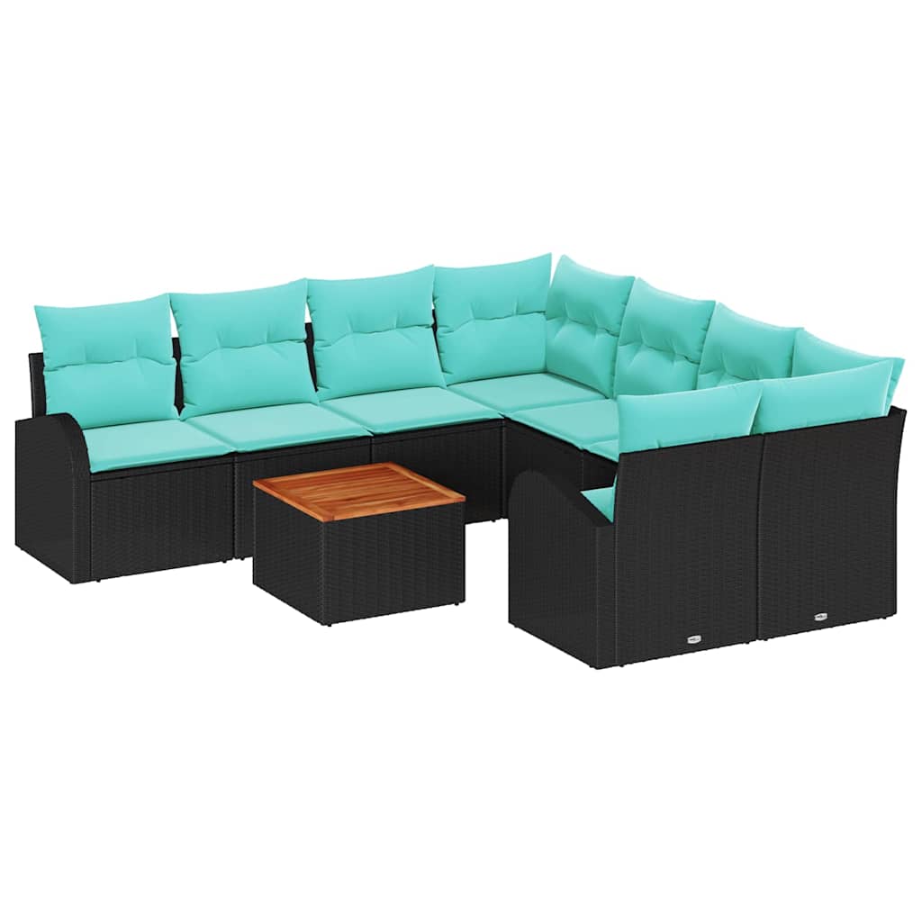Havesofa Sæt med opbevaring 9 pcs Sort og turkis polyrattan