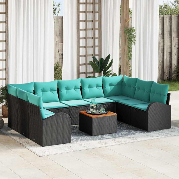Havesofa Sæt med opbevaring 10 pcs Sort og turkis polyrattan