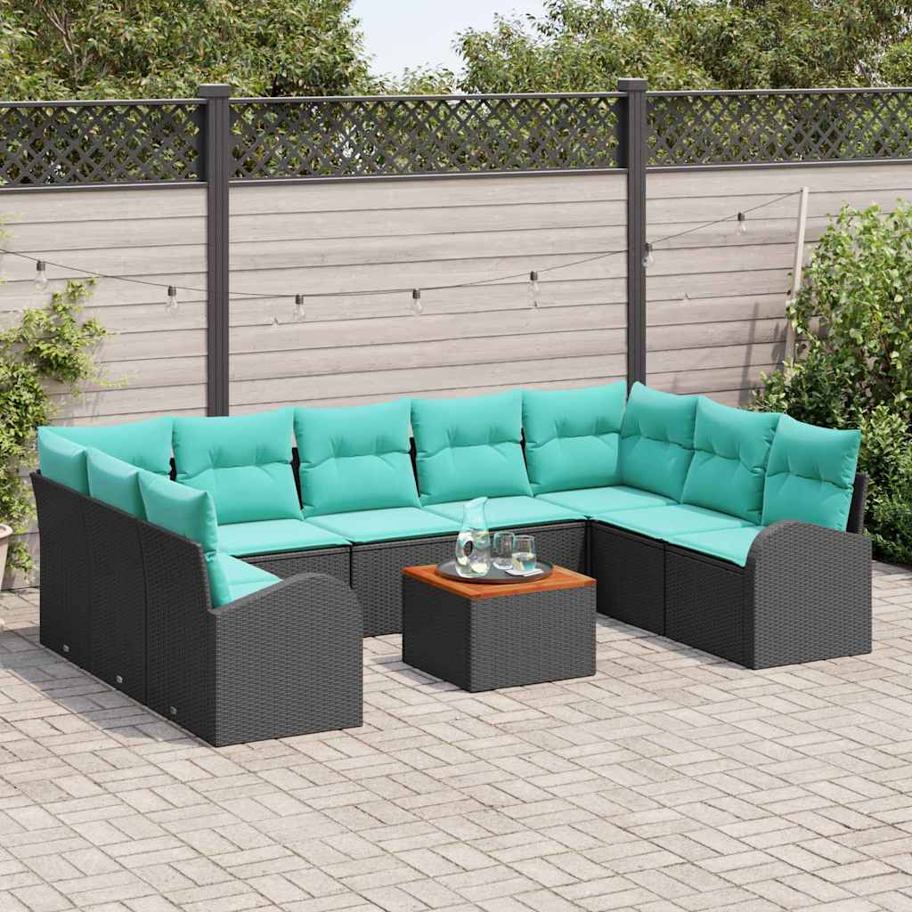 Havesofa Sæt med opbevaring 10 pcs Sort og turkis polyrattan