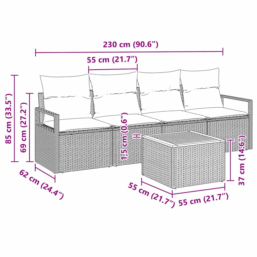 Havesofa Sæt med opbevaring 5 pcs Grå polyrattan