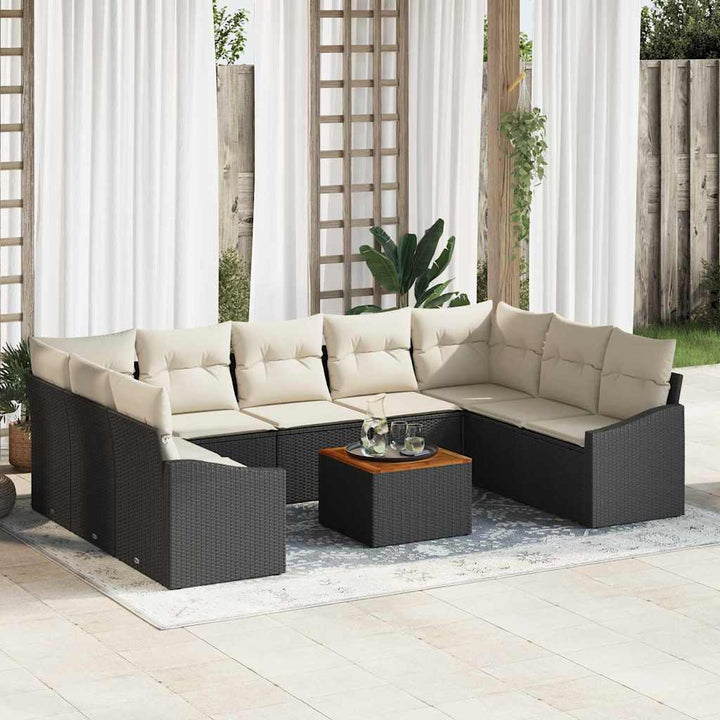 Havesofa Sæt med opbevaring 10 pcs Sort og Cream polyrattan