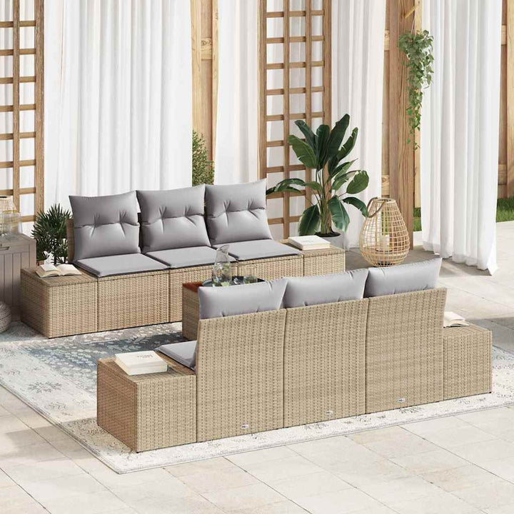 Havesofa Sæt med opbevaring 7 pcs Beige og lys grå polyrattan