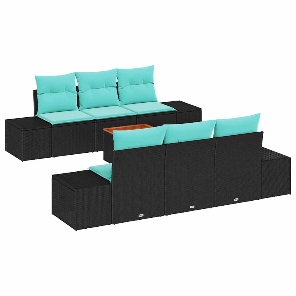Havesofa Sæt 7 stk. Sort og turkis polyrattan
