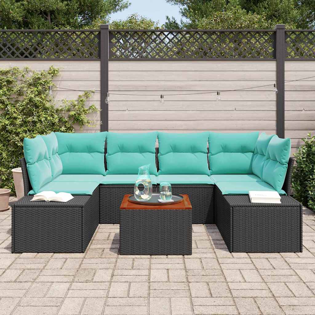 Havesofa Sæt 7 stk. Sort og turkis polyrattan