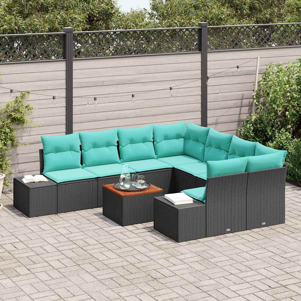Havesofa Sæt 9 stk. Sort og turkis polyrattan