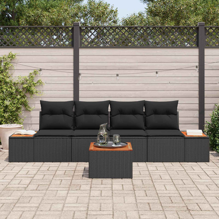 Havesofa Sæt med pude med opbevaring 5 pcs Sort Poly rattan