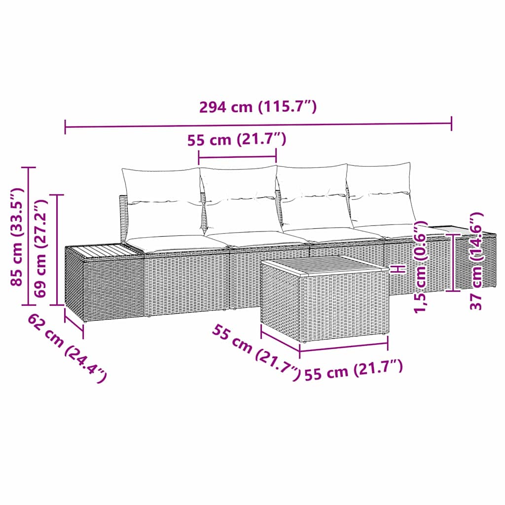 Havesofa Sæt med pude med opbevaring 5 pcs Grå Poly rattan