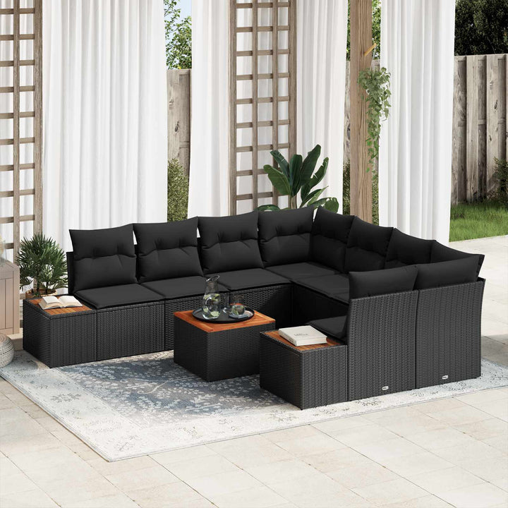 Havesofa Sæt med pude med opbevaring 9 pcs Sort Poly rattan