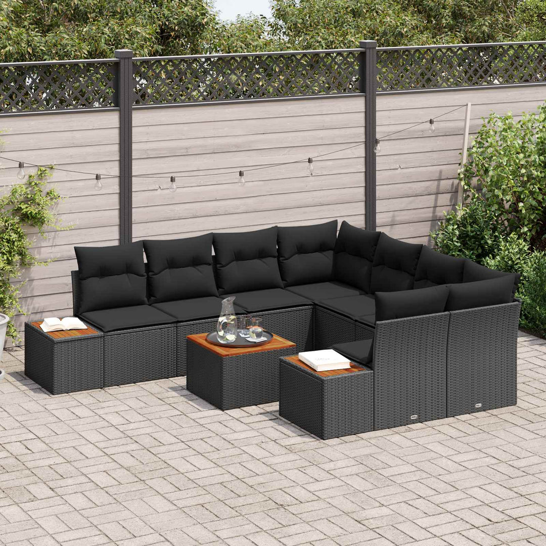 Havesofa Sæt med pude med opbevaring 9 pcs Sort Poly rattan