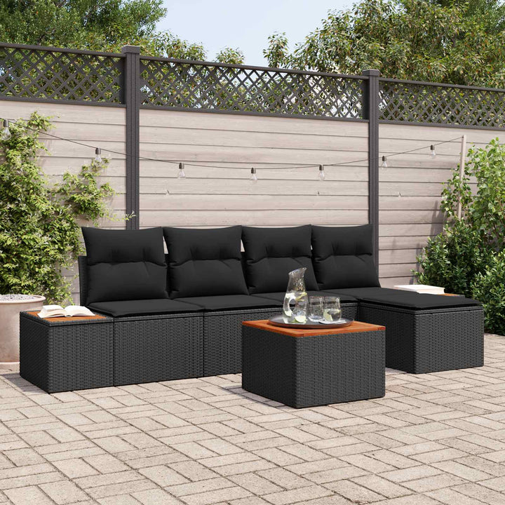 Havesofa Sæt med pude med opbevaring 6 pcs Sort Polyrattan