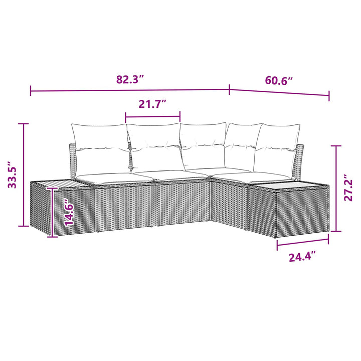 Havesofa Sæt med pude med opbevaring 4 pcs Sort Polyrattan