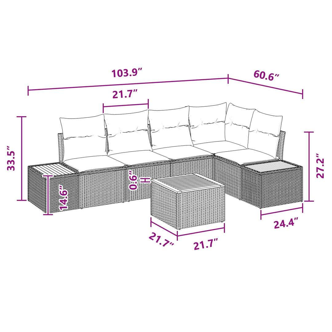Havesofa Sæt med pude med opbevaring 6 pcs Sort Poly rattan
