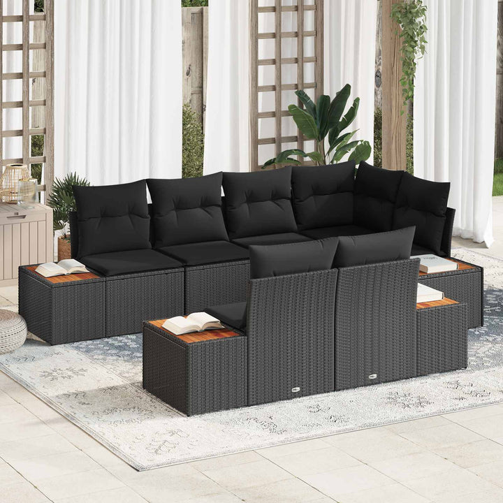 Havesofa Sæt med pude med opbevaring 7 pcs Sort Polyrattan