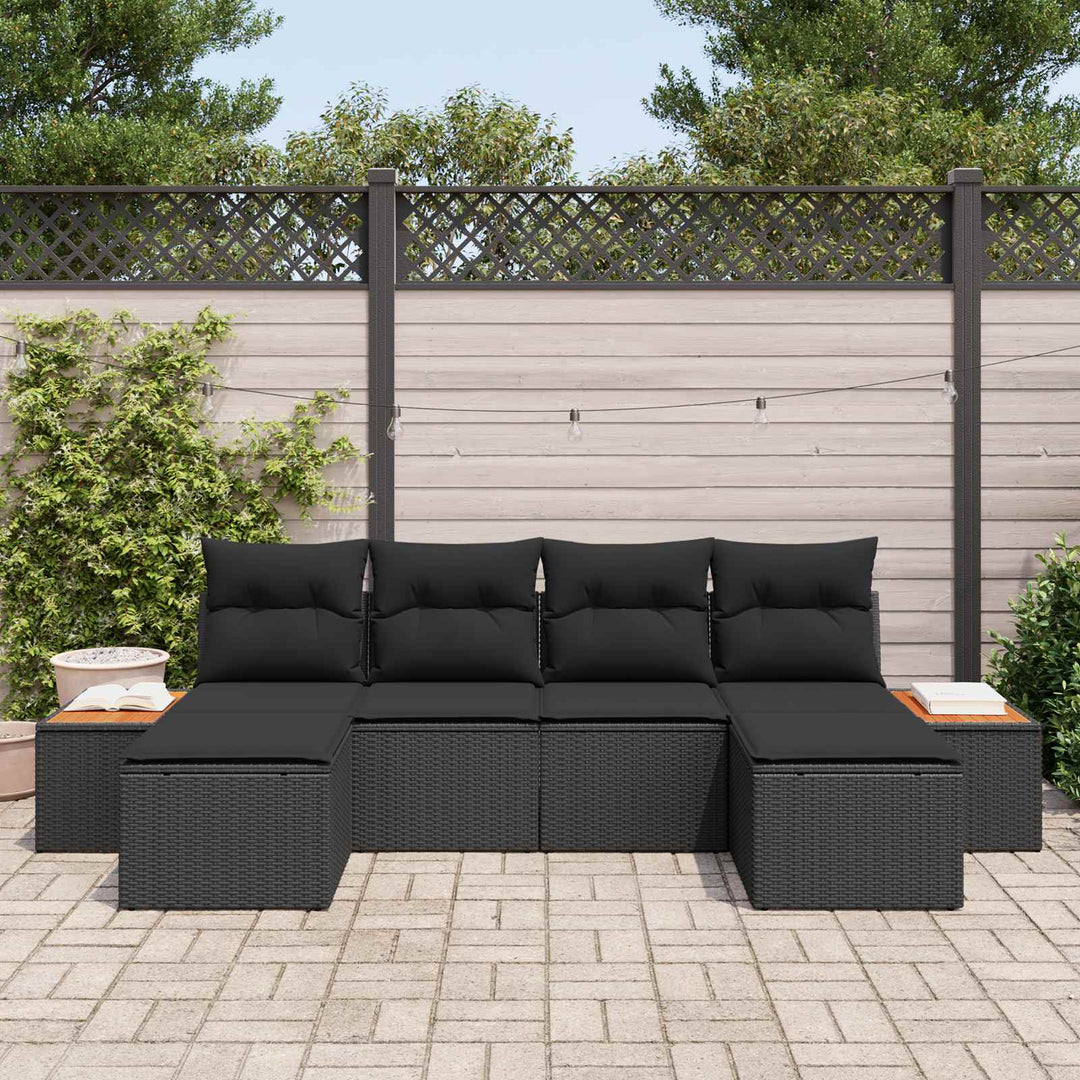 Havesofa Sæt med pude 6 pcs Sort Poly Rattan