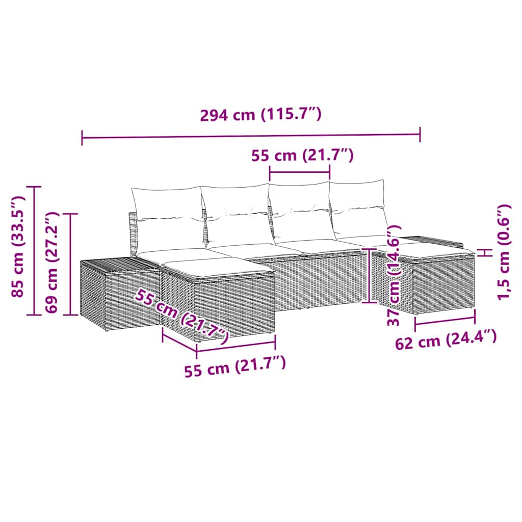 Havesofa Sæt med pude 6 pcs Grå Poly Rattan