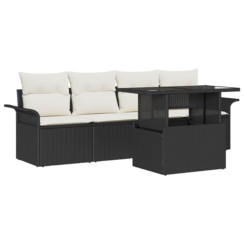 Havesofa Sæt med pude med opbevaring 5 pcs Sort Poly Rattan