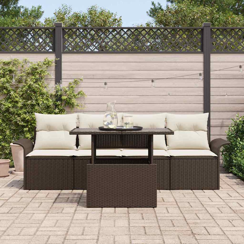 Havesofa Sæt med pude med opbevaring 5 pcs Brun Poly Rattan