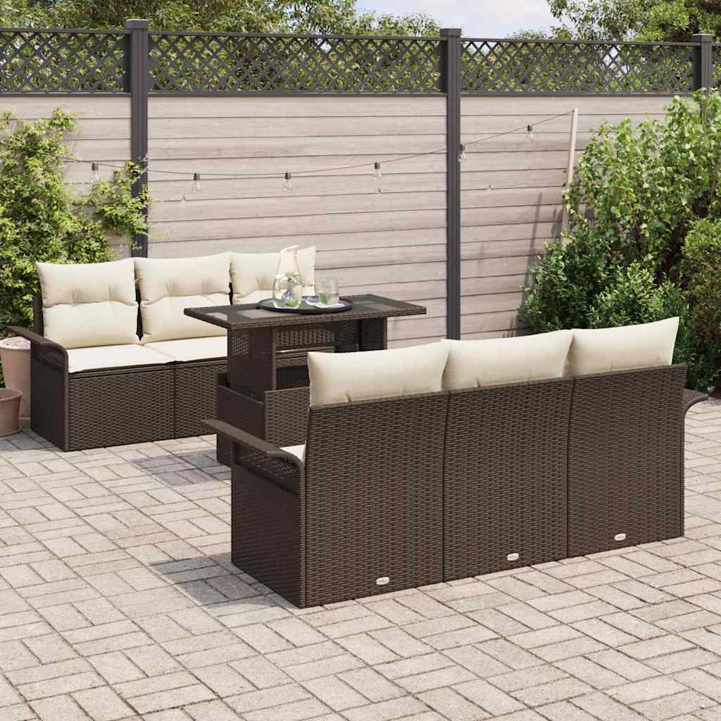 Havesofa Sæt med pude med opbevaring 7 pcs Brun Poly rattan