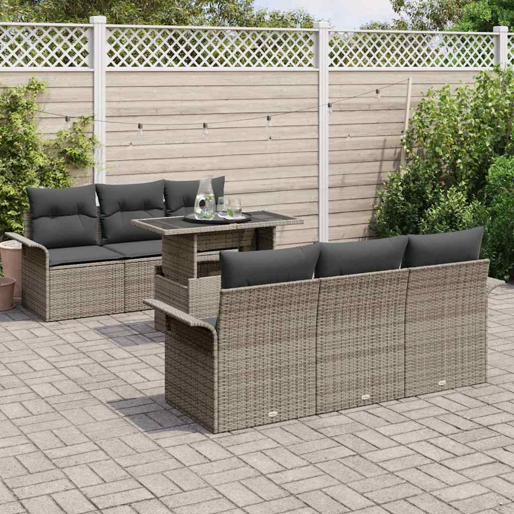 Havesofa Sæt med pude med opbevaring 7 pcs Grå Poly Rattan